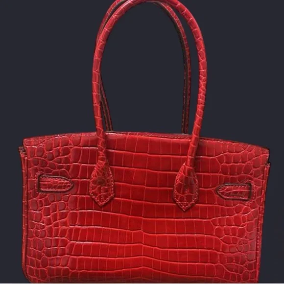 Rouge H Shiny Crocodile Porosus JPG Shoulder Birkin embossed PHW - Picture 6 of 10